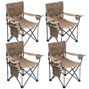 Outdoor Metal Frame Khaki Color Folding Beach Chair with Side Pocket (Set of 4)