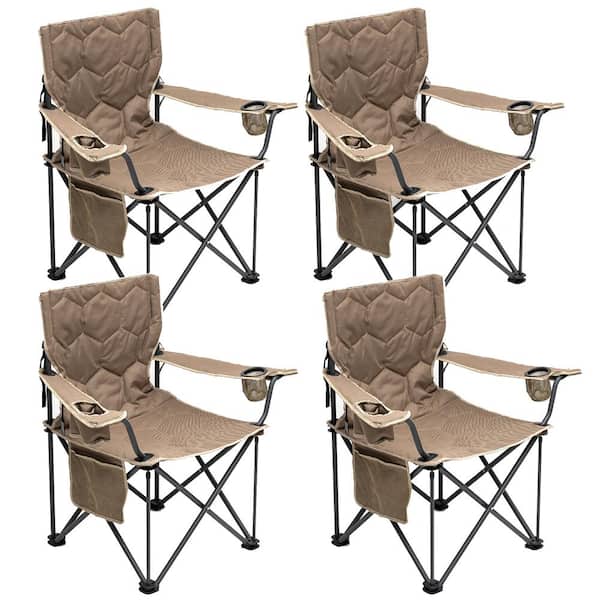 Clihome Outdoor Metal Frame Khaki Color Folding Beach Chair with Side Pocket (Set of 4)