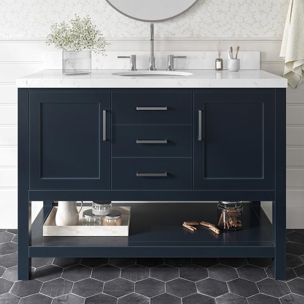 ARIEL Bayhill 48.25 in. W x 22 in. D x 36 in. H Single Sink Freestanding Bath Vanity in Midnight Blue with Man-Made Stone Top
