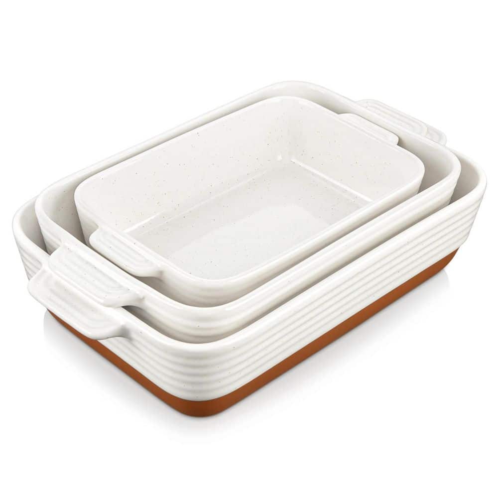 Numhew 3-Piece Rectangular Khaki White Ceramic Casserole Dish Set