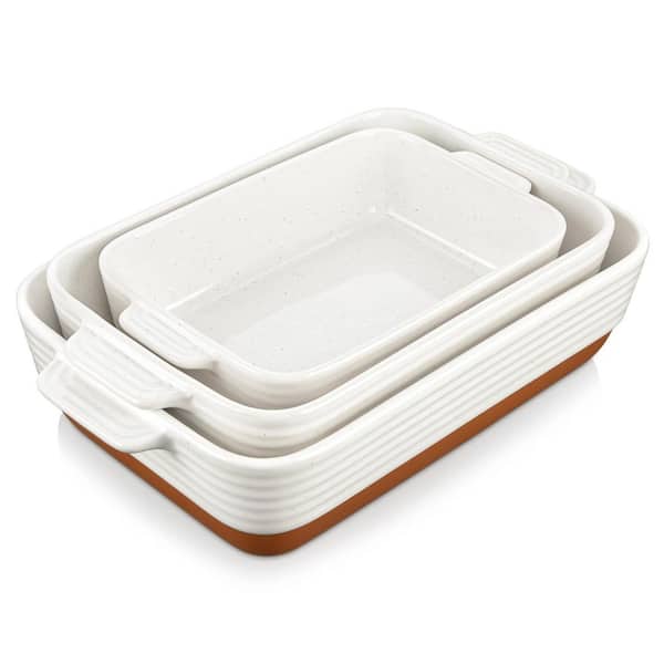 3-Piece Rectangular Khaki White Ceramic Casserole Dish Set with Handles for Baking