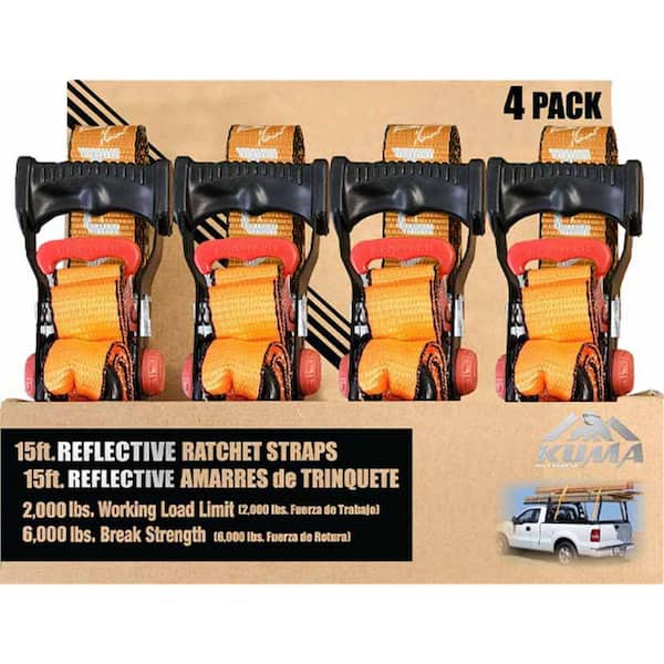 1.5 in. x 15 ft. Kuma Heavy Duty Reflective Ratchet Strap 2,000LBS WLL 4-Pack