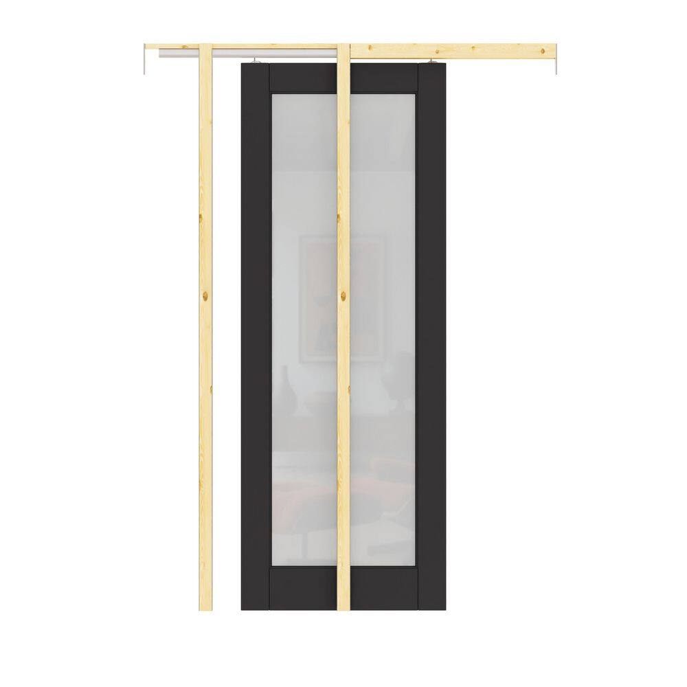 28 in. x 80 in. 1 Lite Frosted Glass Black Primed Wood Pocket Door with Solid Core Door Frame, Hardware and Soft Close price history on PriceWatchPro