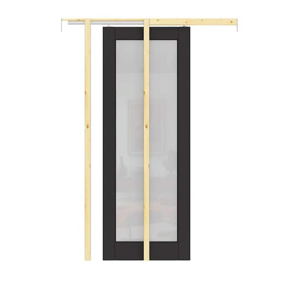28 in. x 80 in. 1-Lite Frosted Glass Black Primed Wood Sliding Pocket Door with Door Hardware Kit (Soft Close Included)