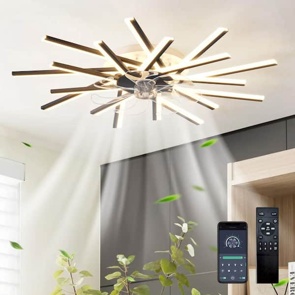 36.22 in. Black Modern Low Profile Standard Flush Mount Ceiling Fan with Dimmable Integrated LED and Remote Included