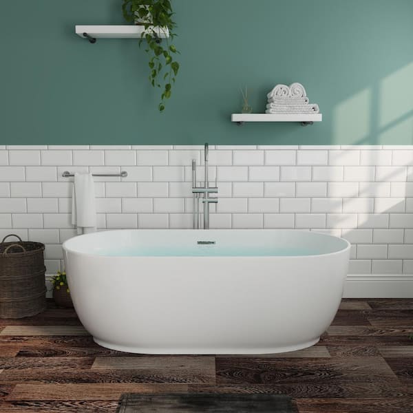 ANGELES HOME 67 in. x 31.5 in. 100% Acrylic Flatbottom Freestanding Bathtub Soaking in White with Chrome Groove Overflow