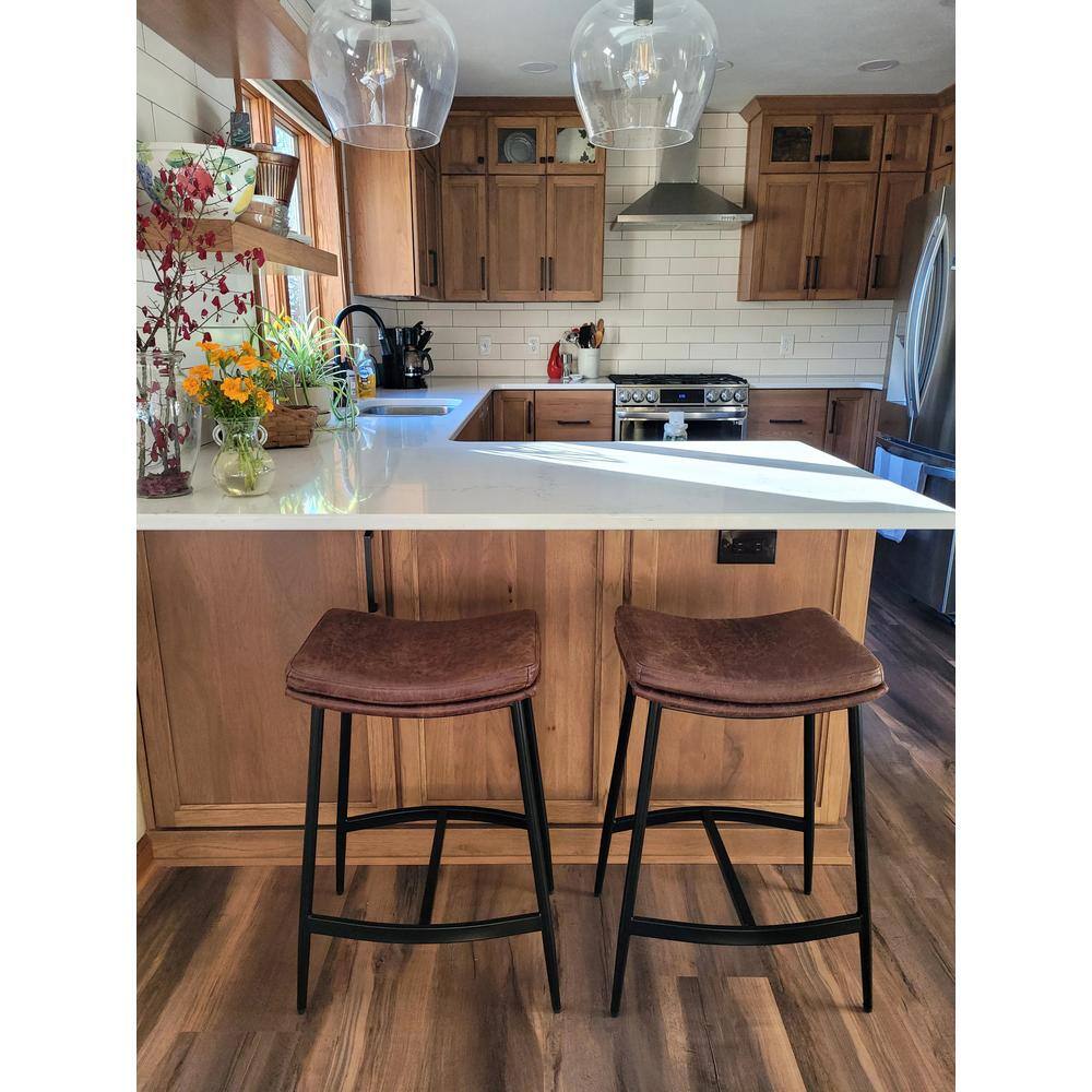 Vintage Brown-Matte Black Backless Saddle Leather Barstool