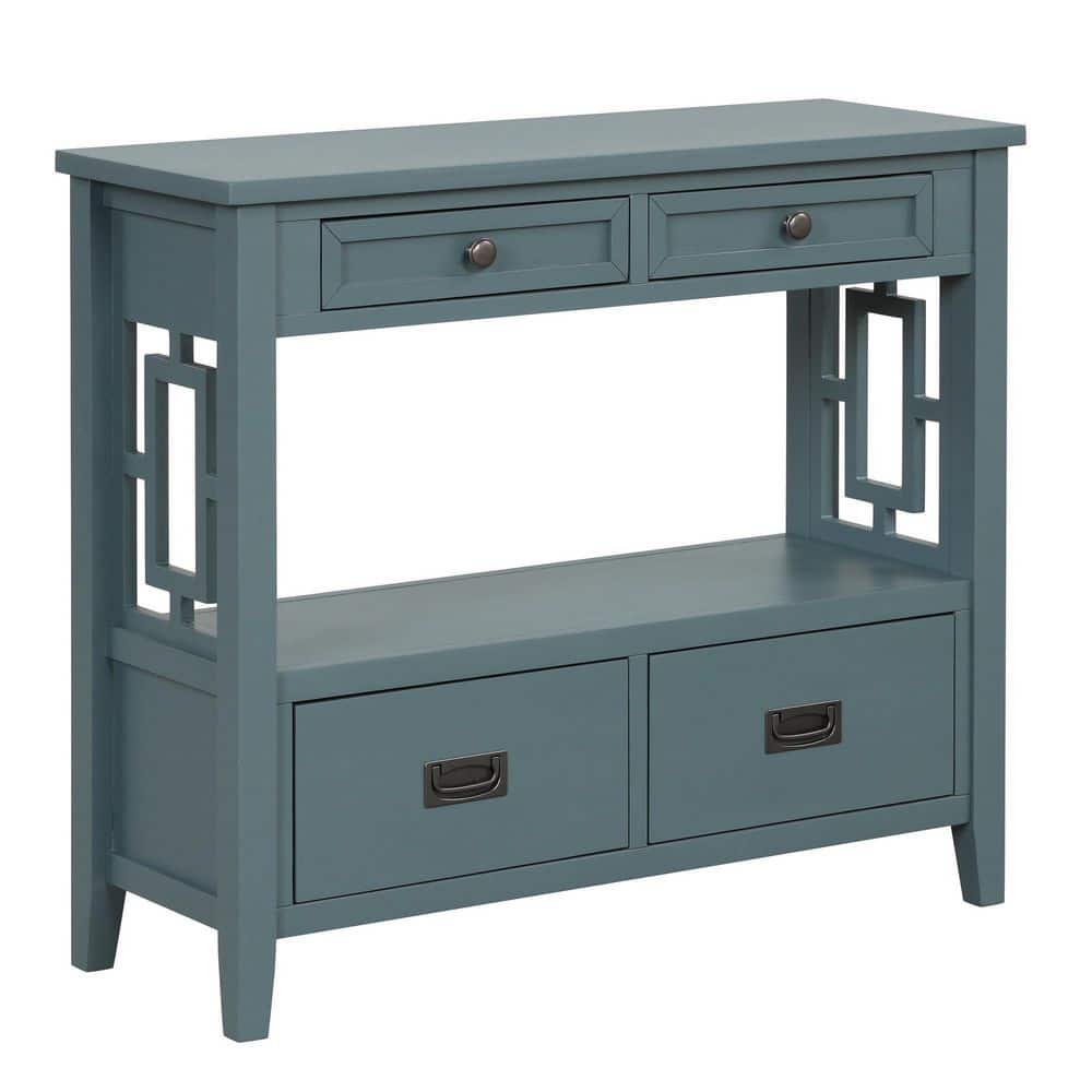 36 in. Blue Rectangle Pine Wood Console Table Sofa Table with 4 Drawers and