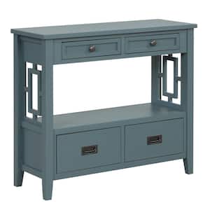 36 in. Blue Rectangle Pine Wood Console Table Sofa Table with 4 Drawers and 1 Storage Shelf