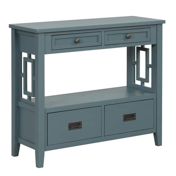 36 in. Blue Rectangle Pine Wood Console Table Sofa Table with 4 Drawers ...