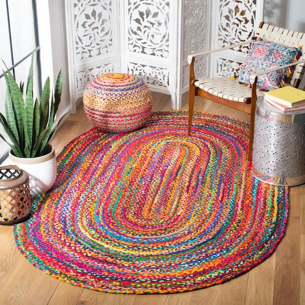 Braided Red/Multi 5 ft. x 8 ft. Oval Border Area Rug