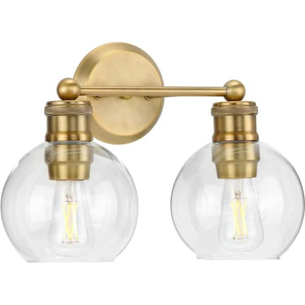 Progress Lighting Hansford Collection 15-1/2 in. 2-Light Gold Vintage Brass Clear Glass Coastal Farmhouse Bathroom Vanity Light
