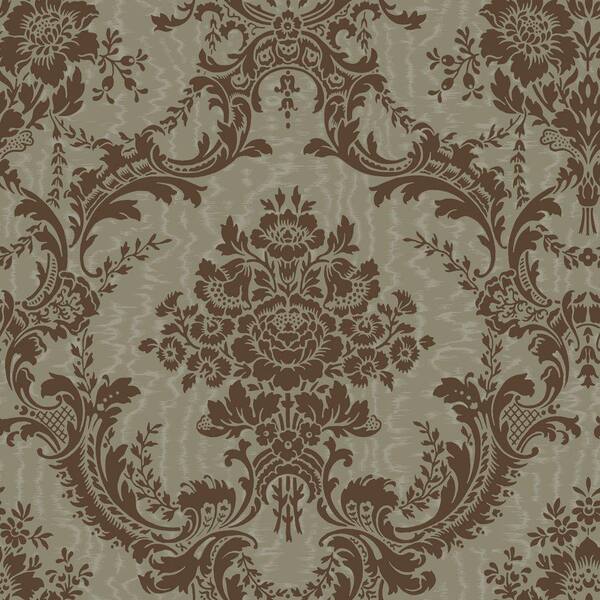 The Wallpaper Company 56 sq. ft. Chocolate and Metallic Pewter Mid-Scale Damask on a Moire Background Wallpaper