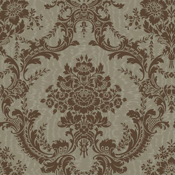 The Wallpaper Company 8 in. x 10 in. Chocolate and Metallic Pewter Mid-Scale Damask on a Moire Background Wallpaper Sample
