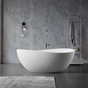 63 in. Solid Surface Stone Resin Flatbottom Non-Whirlpool Freestanding Soaking Bathtub in Matte White