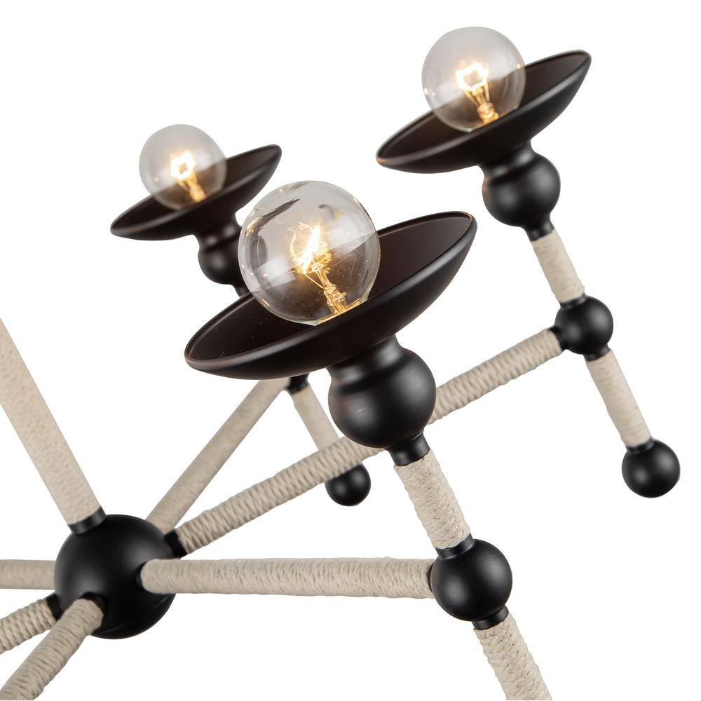 Matte Black and Natural Corn Fiber Rope 6-Light Chandelier