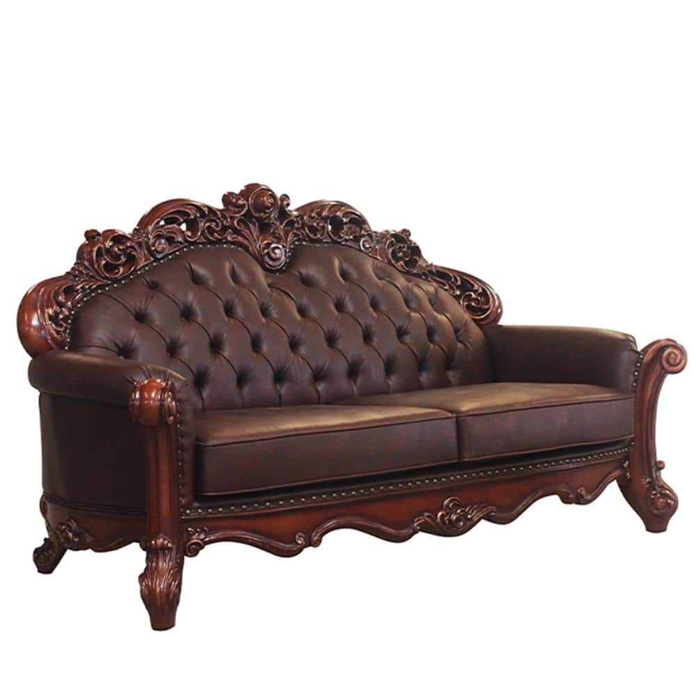 Vendome Cherry Tufted Leather Loveseat with Pillows