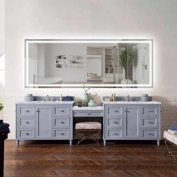 FORCLOVER 84 in. W x 32 in. H Rectangular Frameless Fog Free Dimmable Silver Wall Mount LED Lighted Bathroom Vanity Mirror