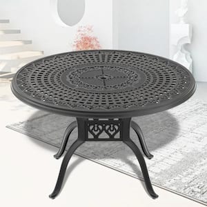 47.24 in. Cast Aluminum Patio Outdoor Dining Table with Black Frame and Umbrella Hole