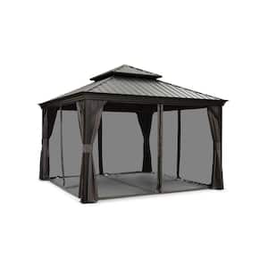 12 ft. x 12 ft. Gray Aluminum Hardtop Gazebo Canopy for Patio Deck Backyard Heavy-Duty with Netting and Curtains