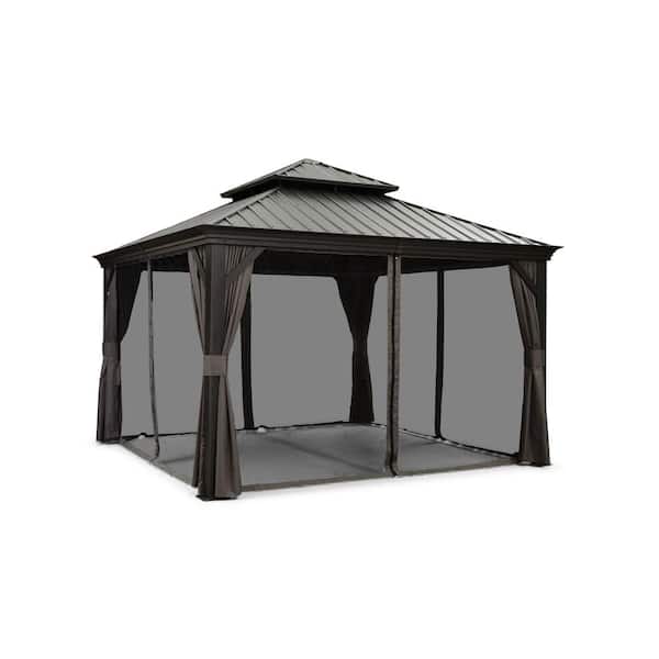 PURPLE LEAF 12 ft. x 12 ft. Gray Aluminum Hardtop Gazebo Canopy for Patio Deck Backyard Heavy-Duty with Netting and Curtains