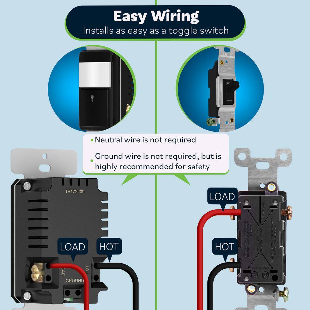 Black Single Pole Motion Sensor Switch Set with 180 Degree Field of View