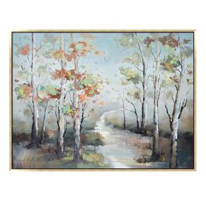 Fall Colorful Trees in. Champagne Wooden Floating Frame Hand Painted Acrylic Wall Art on a 47 in. x 35 in.