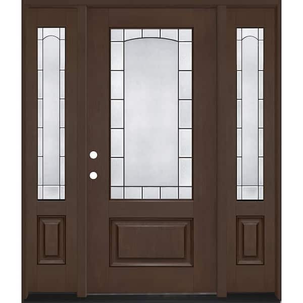 Regency 68 in. x 80 in. 3/4L Empire Decorative Glass RHIS Hickory Mahogany Fiberglass Prehung Front Door w/14inSLs4-9/16