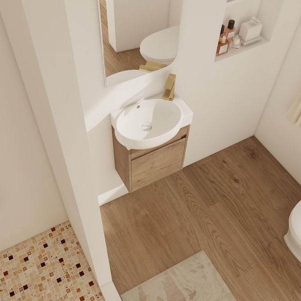 16.75 in. W x 8.56 in. D x 21.25 in. H Floating Wall-Mounted Bath Vanity in Light Teak with White Resin Top
