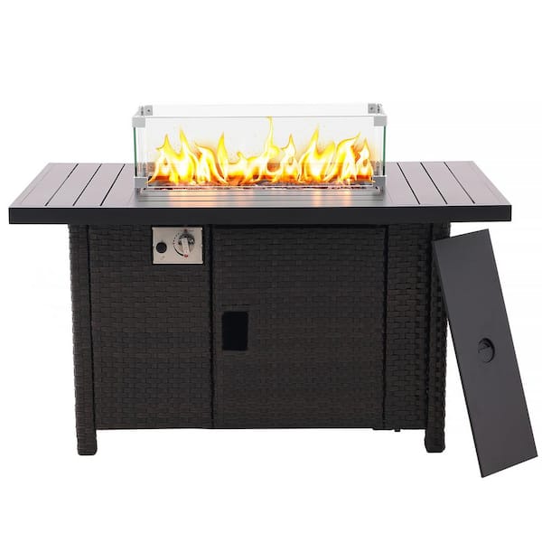Miscool Anky Black Rectangle Wicker 46.1 in. W x 19.7 in. D x 24.2 in. H Patio Fire Pit Dining Table with Stainless Steel Burner