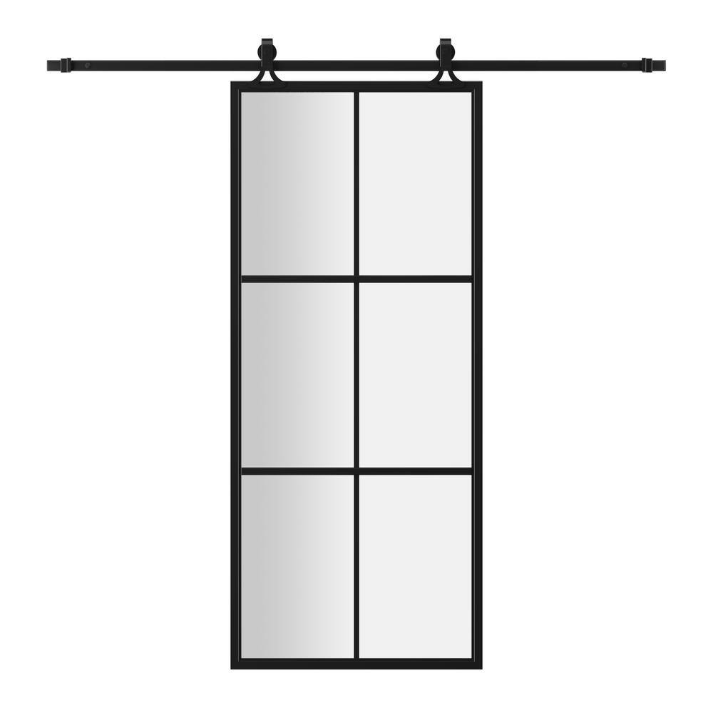 30 in. x 84 in. 6 Lite Tempered Frosted Glass Black Finished Solid Core Aluminum Barn Door Slab with Hardware Kit price history on PriceWatchPro