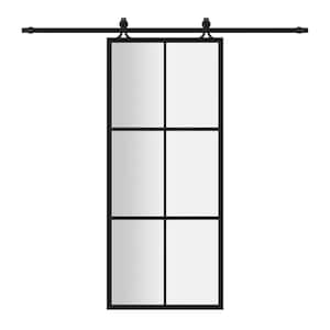 36 in. x 84 in. 6 Lite Tempered Frosted Glass Black Finished Solid Core Aluminum Barn Door Slab with Hardware Kit