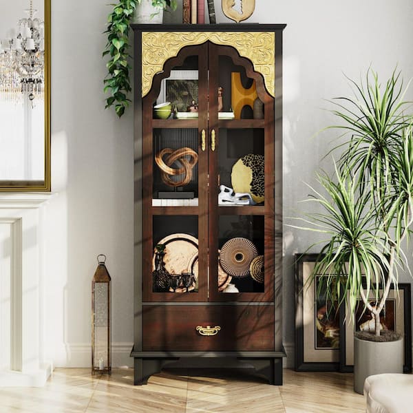 70.9 in. H Brown Paint Finish Wooden Storage Cabinet Buffet in Brown and Gold With Glass Doors and Drawers