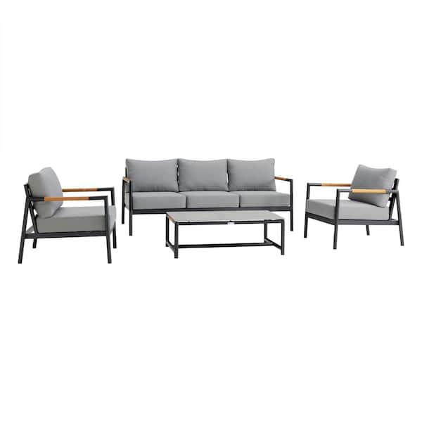 Armen Living Crown 4 Piece Black Aluminum And Teak Outdoor Seating Set With Dark Grey Cushions Setodcrbl - Is Aluminum Or Teak Better For Outdoor Furniture