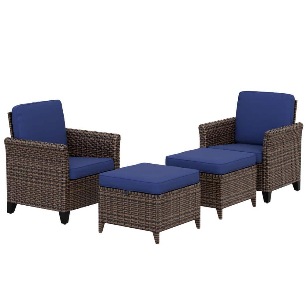 4-Piece Brown Wicker Patio Set with Blue Cushions and Ottomans