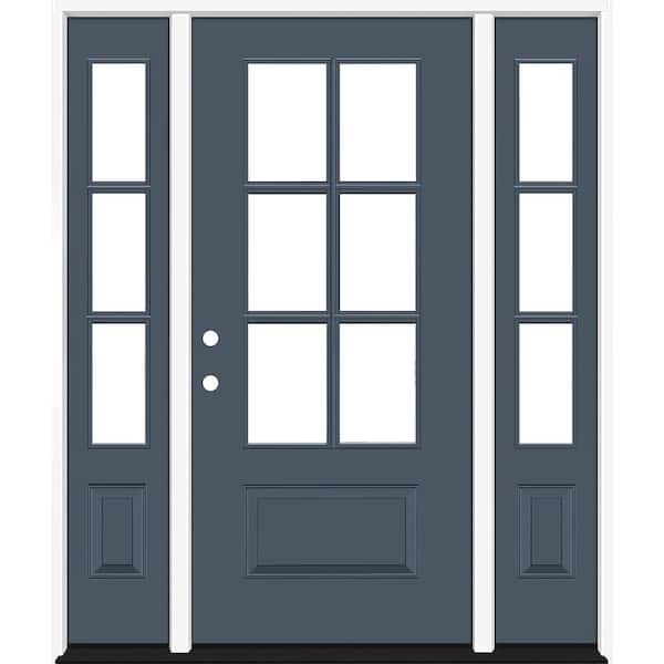 Steves & Sons Legacy 60 in. x 80 in. 3/4-6Lite Clear Glass RHIS Primed Dark Denim Finish Fiberglass Prehung Front Door w/Dbl 10in.SL
