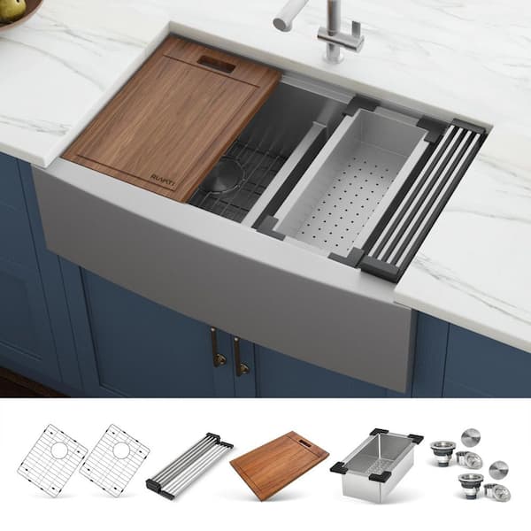 Verona 33 in. Apron-Front Farmhouse 60/40 Double Bowl 16-Gauge Stainless Steel Kitchen Sink with Low Divide