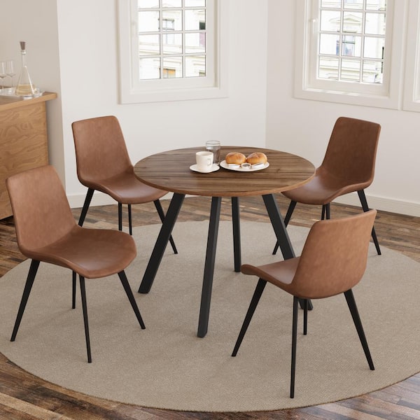 GOJANE 5-Piece 34.6 in. Modern Round Dining Table with 4-Leather Chairs(Walnut Table Plus 4-Brown Chairs)