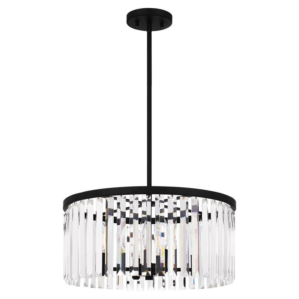 4-Light Matte Black Drum Chandelier with Glass Shade