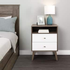 Milo Mid Century Modern 2-Drawer Drifted Gray/White Tall Nightstand with Open Shelf 29.5" H x 22.5" W x 16" D