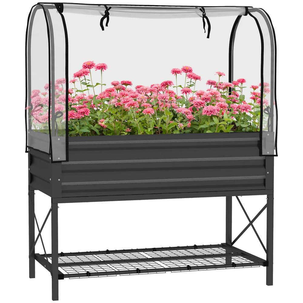 Black Metal Raised Garden Bed with Cover and Storage Shelf