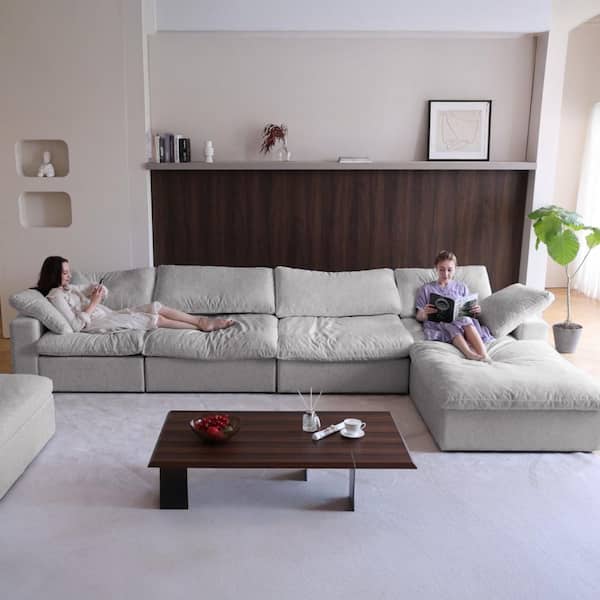 J&E Home 160.6 in. Square 5-piece Linen L-Shaped Free Combination Sectional Sofa with Storage, Removable Cover in. Gray 5-Seater