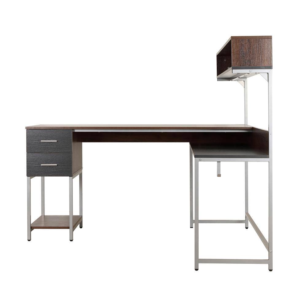 Walnut Wood L-Shaped Gaming Computer Desk with Hutch and Drawer
