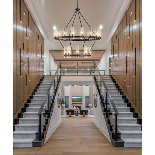 Farmhouse Chandelier 48 in. 24-Light Black Wagon Wheel Chandelier for Dinning Room, Foyer, Living Room, Staircase