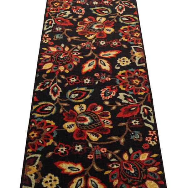 Berber Collection Floral Black 26 in. W x 96 in. L Stair Runner 17.35 sq. ft.