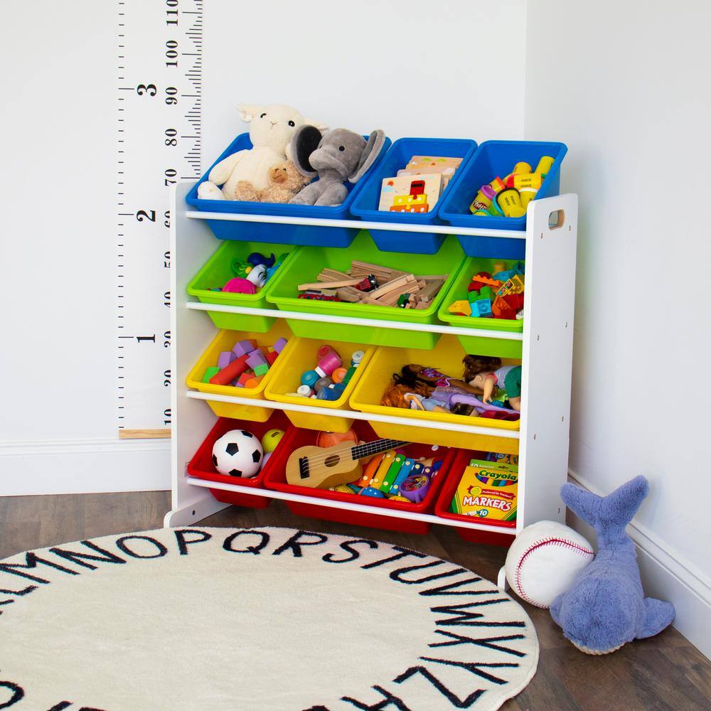 White and Primary Kids' Toy Storage Organizer with 12 Plastic Bins