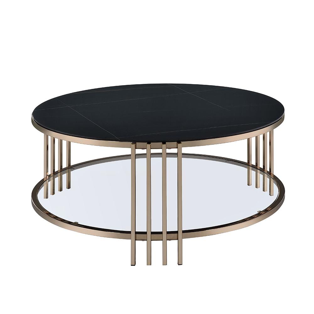 Round Black Sintered Stone and Glass Coffee Table with Champagne Finish