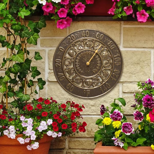 Pure Garden Wall Clock Thermometer-Indoor Outdoor Gauge, Bronze
