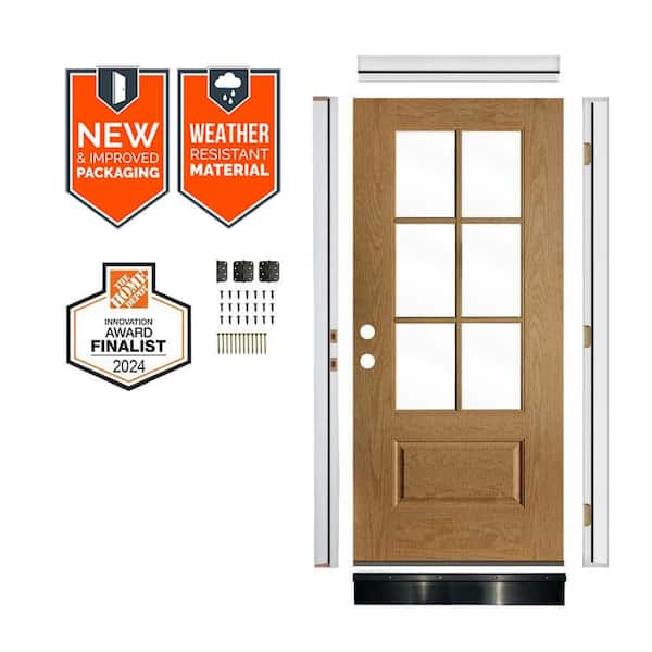 36in.x79in. Farmhouse 6-Lite Clear Glass RH Bourbon Stain AssemblyRequired Fiberglass Front Door Kit w/QuickAssembleJamb
