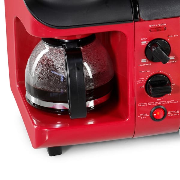 ANGLD toaster 3-in- 1 Breakfast center machine, coffee maker, bread oven  with timer, non- stick frying pan, retro red, black (Color : Red)